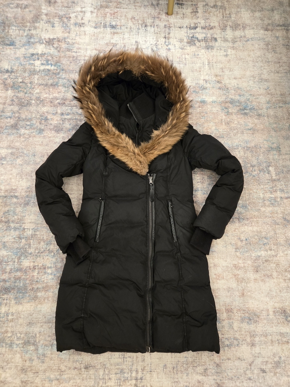 Mackage Black Long Puffer Coat with Brown Fur Hood Trim
